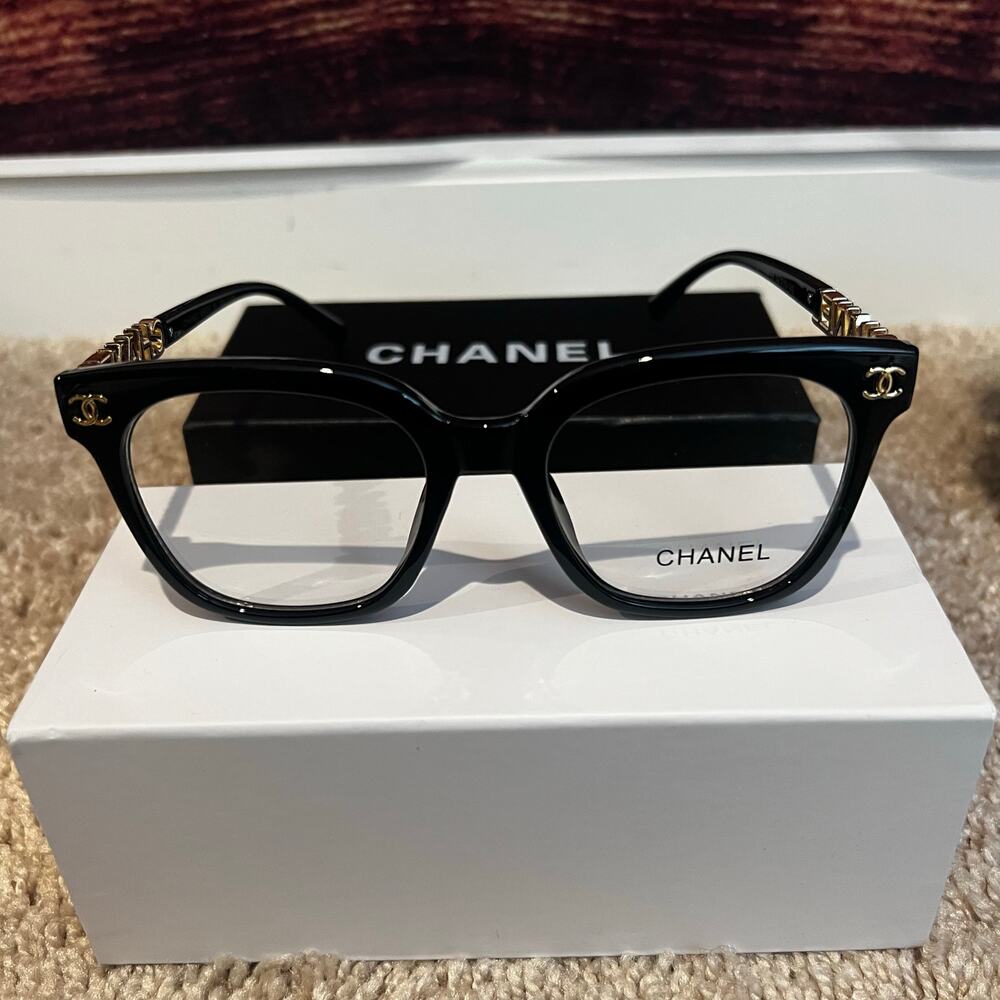 NEW W/ BOX & CASE Chanel Clear Blue Light Glasses Black Gold Logo Spell Out - Picture 3 of 7